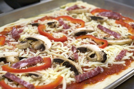 Peppers, Mushrooms, and Salami Pizza